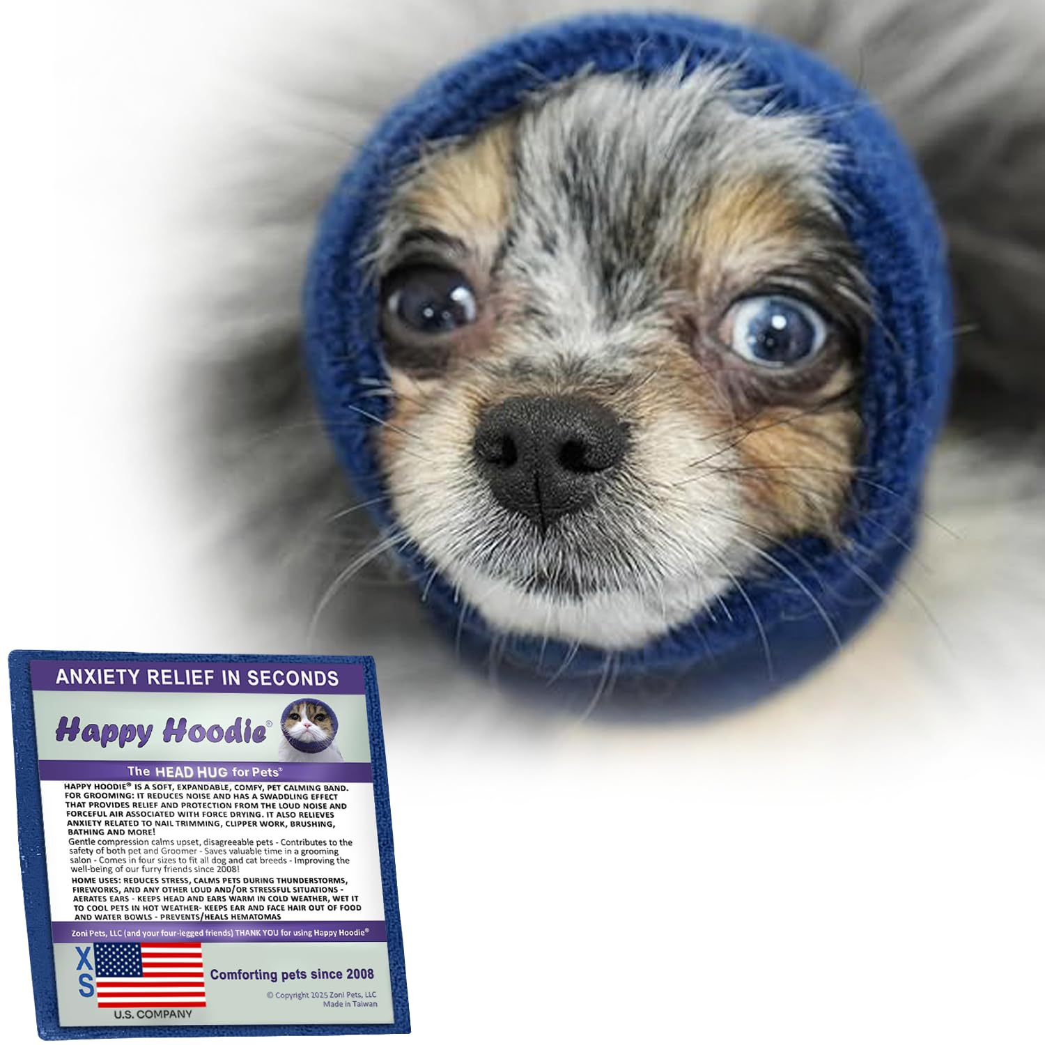 Happy Hoodie The Original Dog & Cat Calming Band - American Brand - Anxiety Relief/Noise Protection-Grooming-Thunder-Fireworks (Large, Blue) - Since 2008