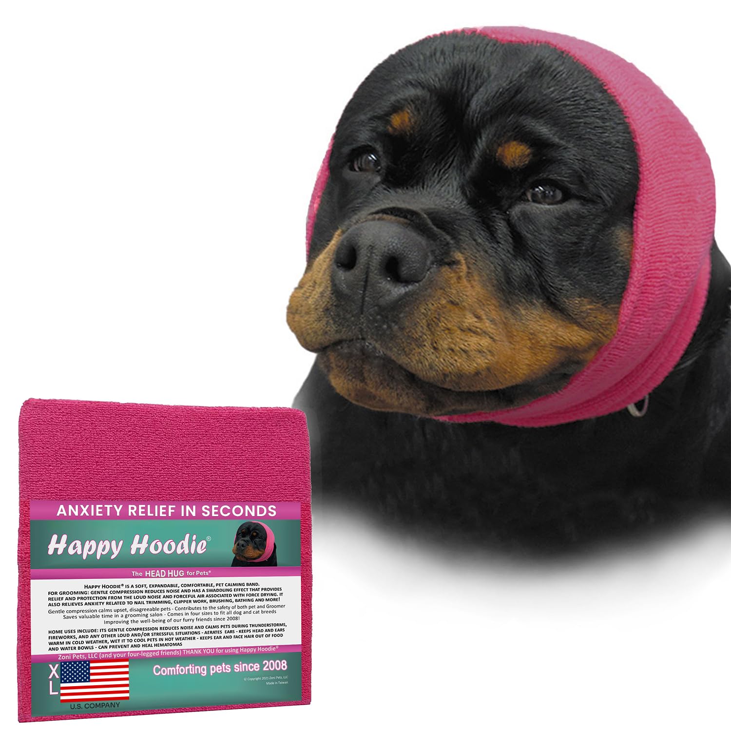 Happy Hoodie The Original Dog & Cat Calming Band - American Brand - Anxiety Relief/Noise Protection-Grooming-Thunder-Fireworks (Large, Blue) - Since 2008