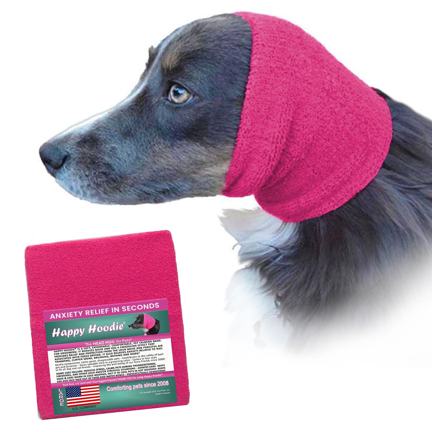 Happy Hoodie The Original Dog & Cat Calming Band - American Brand - Anxiety Relief/Noise Protection-Grooming-Thunder-Fireworks (Large, Blue) - Since 2008
