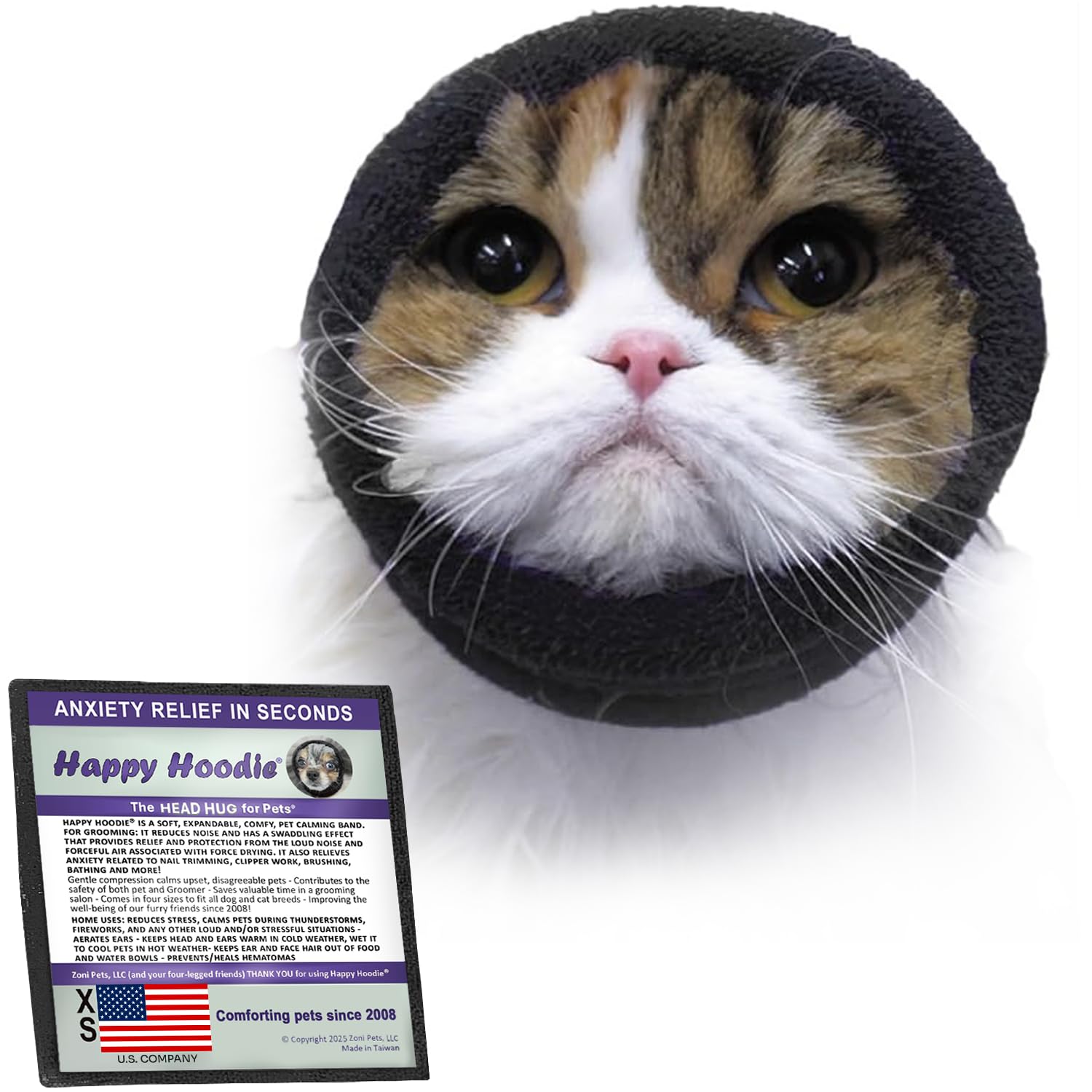 Happy Hoodie The Original Dog & Cat Calming Band - American Brand - Anxiety Relief/Noise Protection-Grooming-Thunder-Fireworks (Large, Blue) - Since 2008