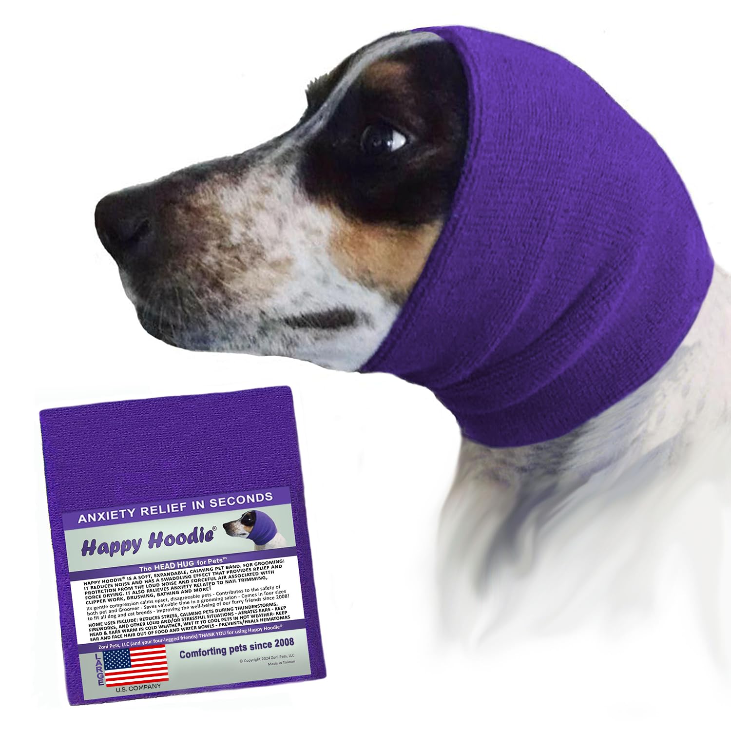 Happy Hoodie The Original Dog & Cat Calming Band - American Brand - Anxiety Relief/Noise Protection-Grooming-Thunder-Fireworks (Large, Blue) - Since 2008