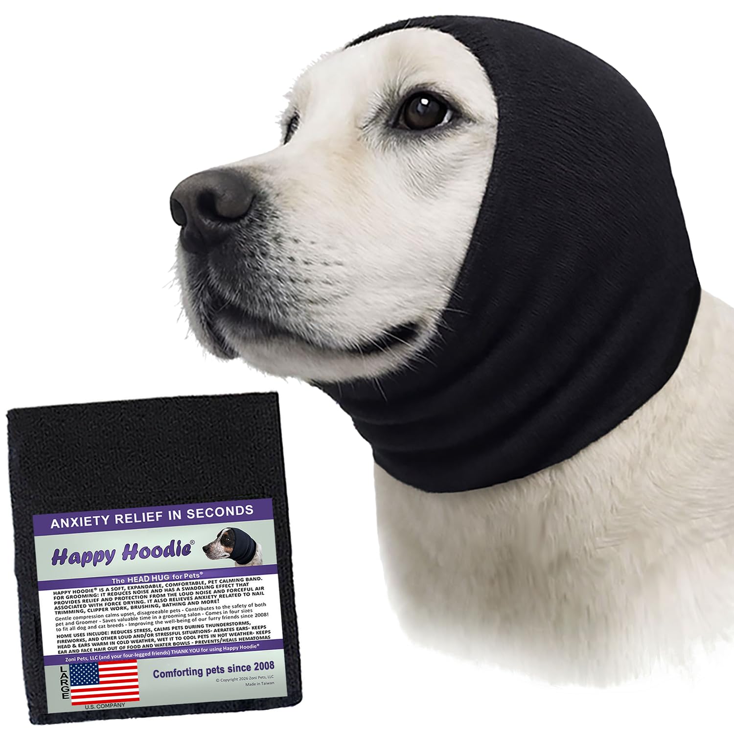 Happy Hoodie The Original Dog & Cat Calming Band - American Brand - Anxiety Relief/Noise Protection-Grooming-Thunder-Fireworks (Large, Blue) - Since 2008