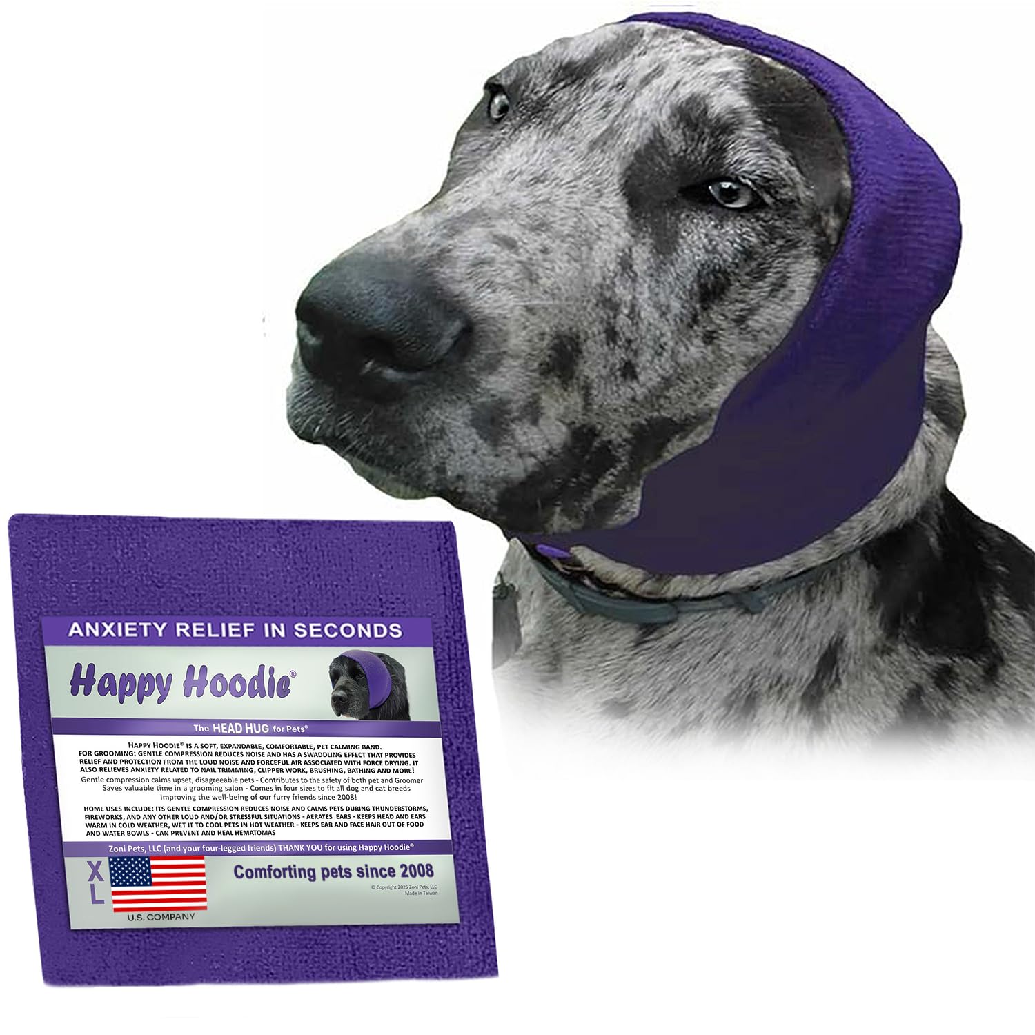 Happy Hoodie The Original Dog & Cat Calming Band - American Brand - Anxiety Relief/Noise Protection-Grooming-Thunder-Fireworks (Large, Blue) - Since 2008