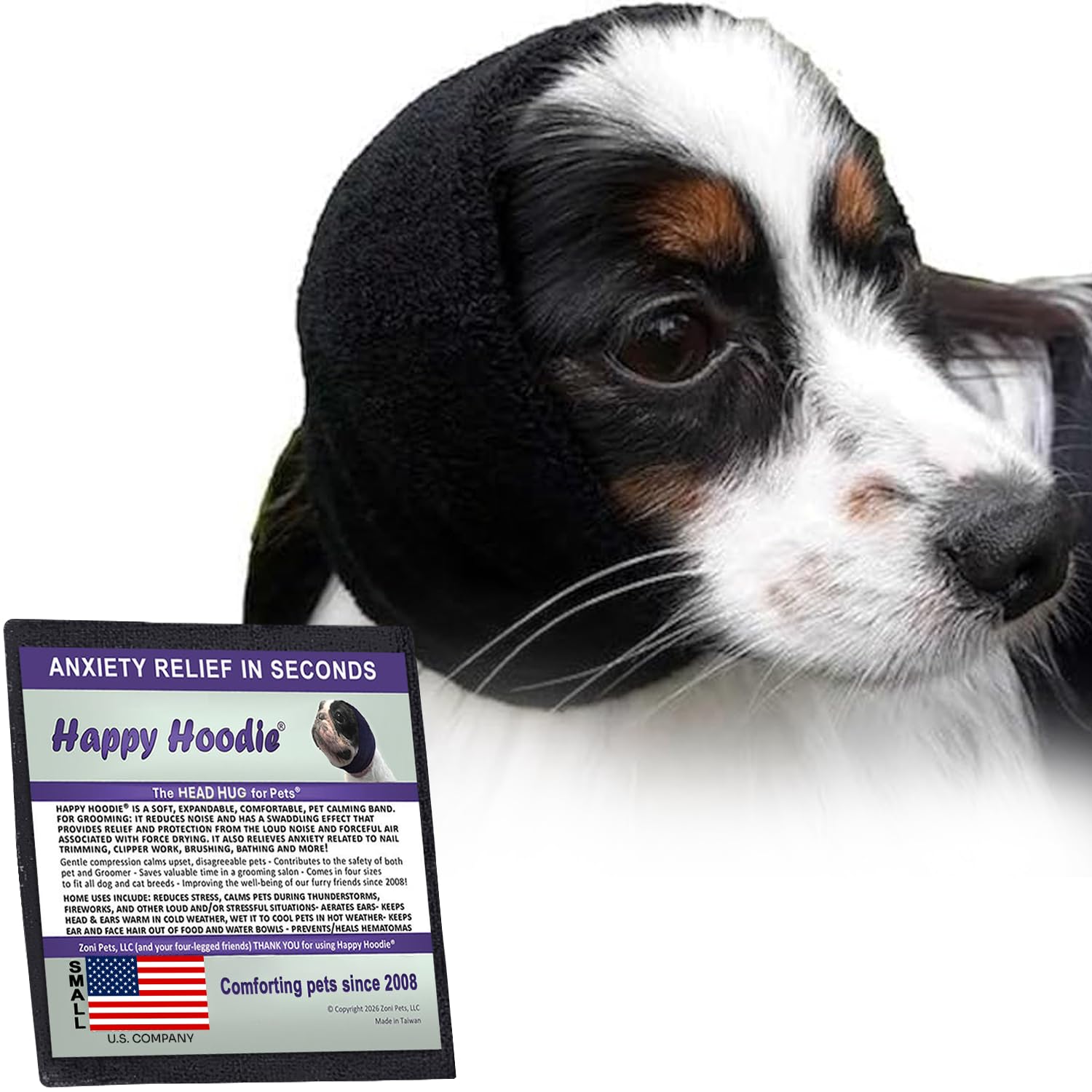 Happy Hoodie The Original Dog & Cat Calming Band - American Brand - Anxiety Relief/Noise Protection-Grooming-Thunder-Fireworks (Large, Blue) - Since 2008
