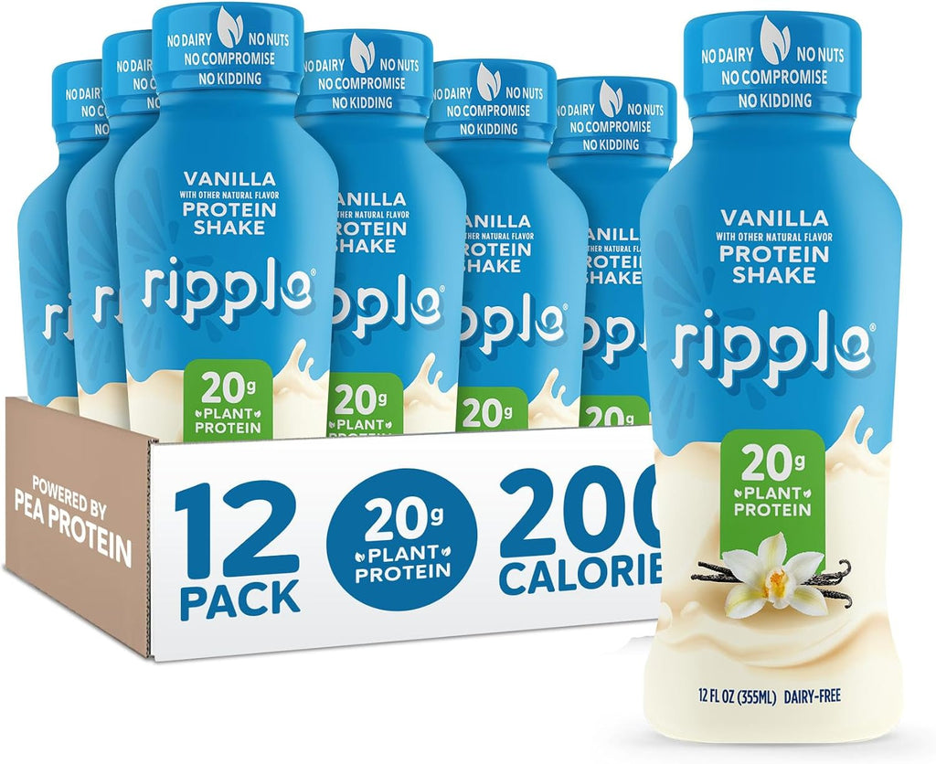 Ripple Vanilla Plant Based Protein Shake | 20g of Quality Sourced Pea Protein, Calcium & Iron Rich | Shelf Stable | Vegan & Non GMO | Dairy, Soy, Nut, & Gluten Free | 12 Fl Oz Bottles (Pack of 12)