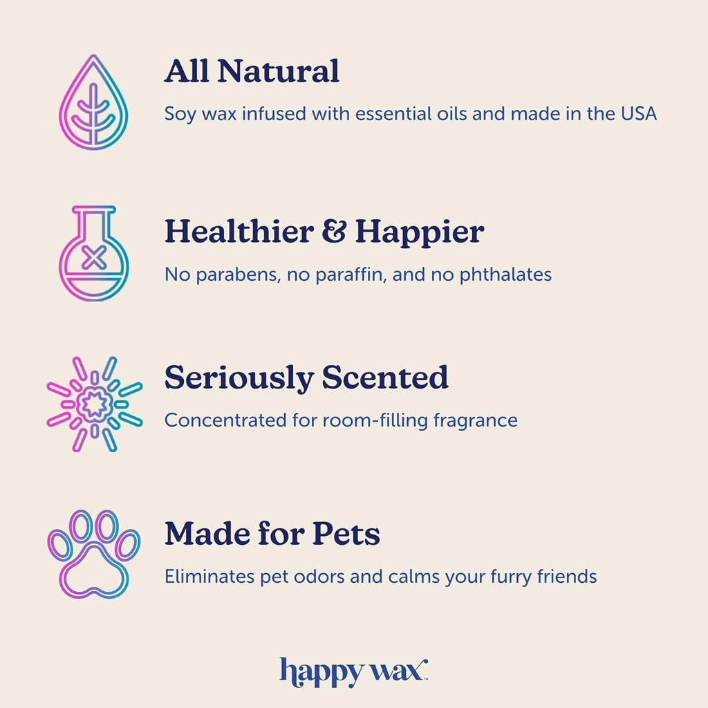 Happy Wax Pet Scents Collection: Pet Safe, Odor Eliminating, Non-Toxic Scented Soy Wax Melts – Total 6oz Variety Pack: Teakwood Trails, Lavender Fields, and Sugared Fruit