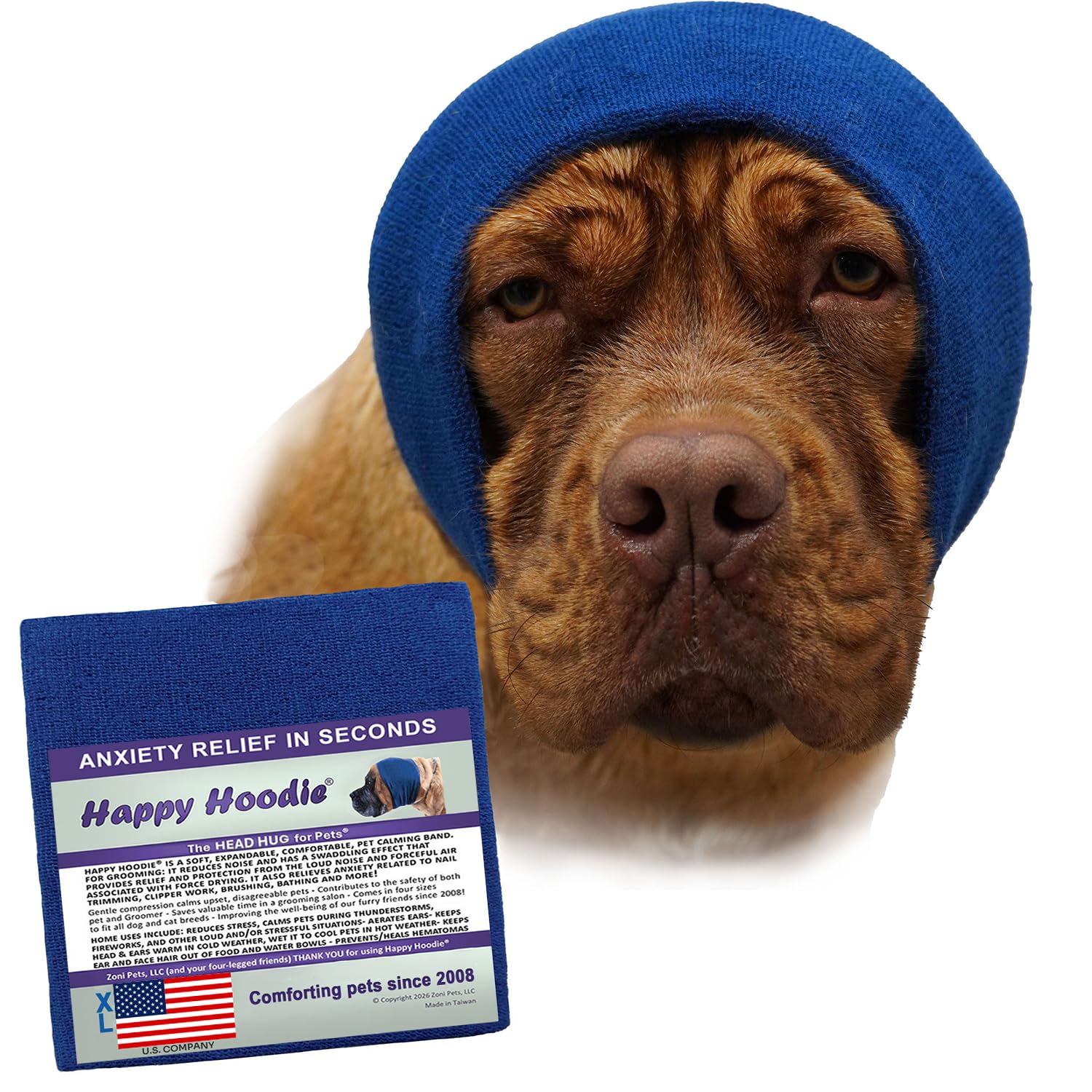 Happy Hoodie The Original Dog & Cat Calming Band - American Brand - Anxiety Relief/Noise Protection-Grooming-Thunder-Fireworks (Large, Blue) - Since 2008
