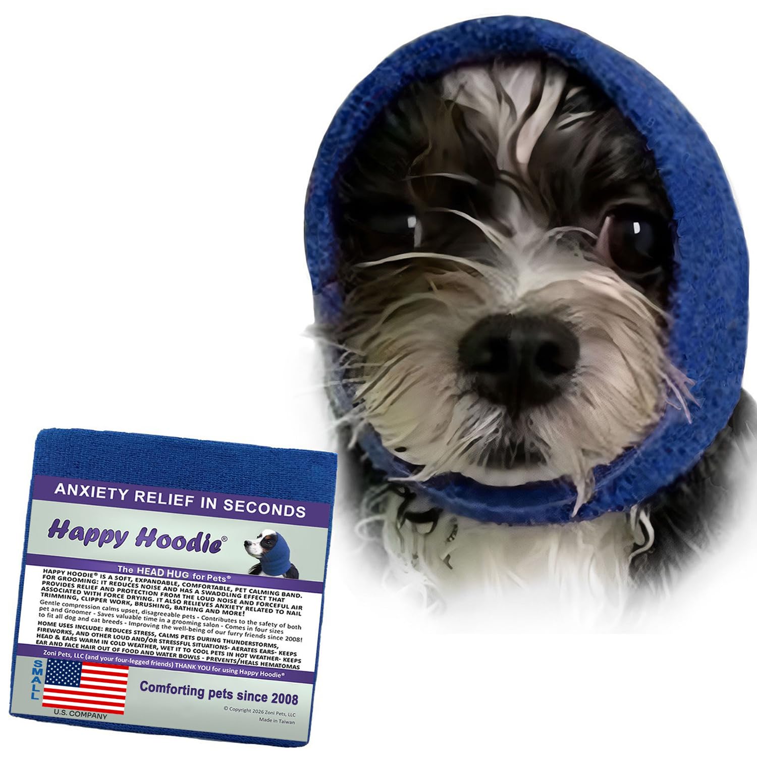 Happy Hoodie The Original Dog & Cat Calming Band - American Brand - Anxiety Relief/Noise Protection-Grooming-Thunder-Fireworks (Large, Blue) - Since 2008