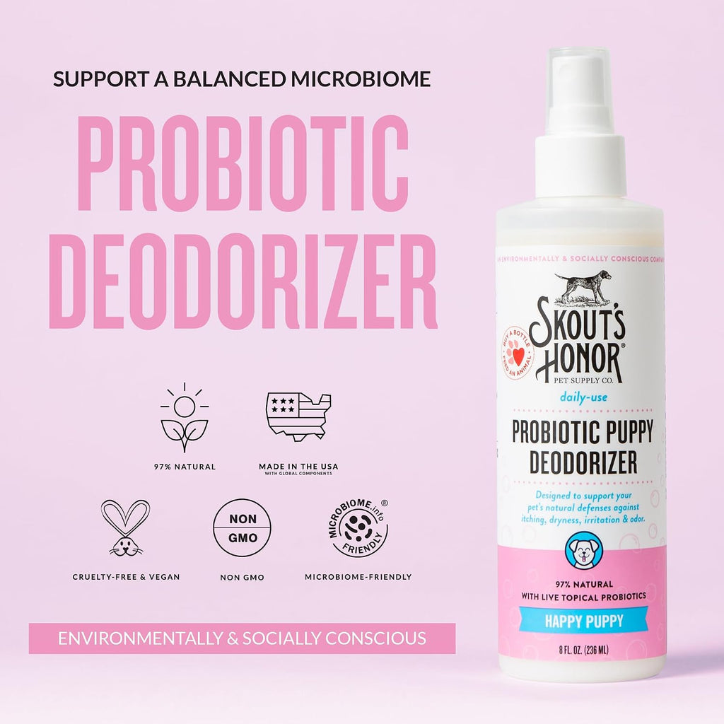 SKOUT'S HONOR Probiotic Puppy Deodorizing Spray - Happy Puppy, 8 oz | Hydrating Daily-Use Formula for Puppies and Dogs, Microbiome-Friendly with Avocado Oil and Omega-3s, 97% Natural