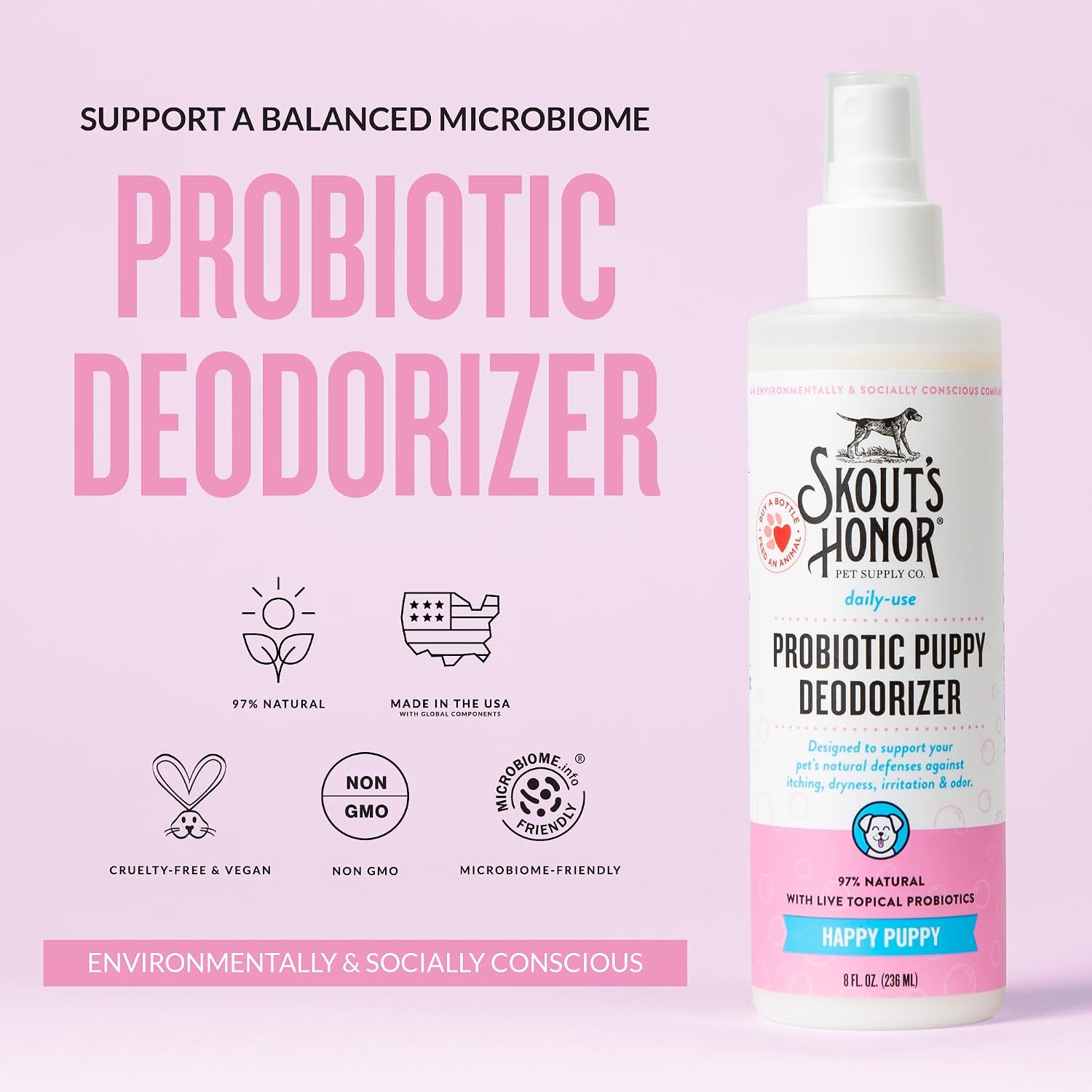 SKOUT'S HONOR Probiotic Puppy Deodorizing Spray - Happy Puppy, 8 oz | Hydrating Daily-Use Formula for Puppies and Dogs, Microbiome-Friendly with Avocado Oil and Omega-3s, 97% Natural