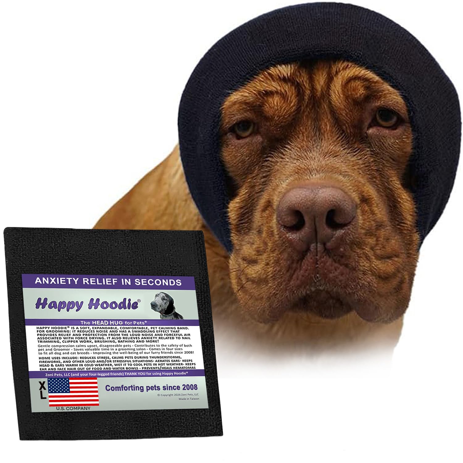 Happy Hoodie The Original Dog & Cat Calming Band - American Brand - Anxiety Relief/Noise Protection-Grooming-Thunder-Fireworks (Large, Blue) - Since 2008