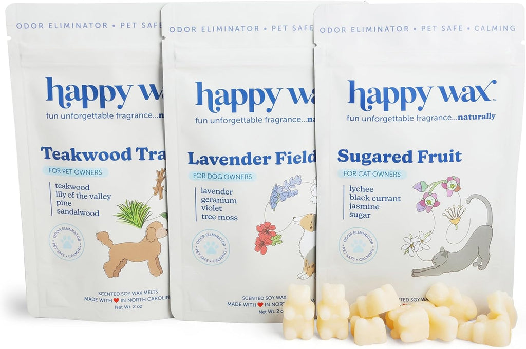Happy Wax Pet Scents Collection: Pet Safe, Odor Eliminating, Non-Toxic Scented Soy Wax Melts – Total 6oz Variety Pack: Teakwood Trails, Lavender Fields, and Sugared Fruit