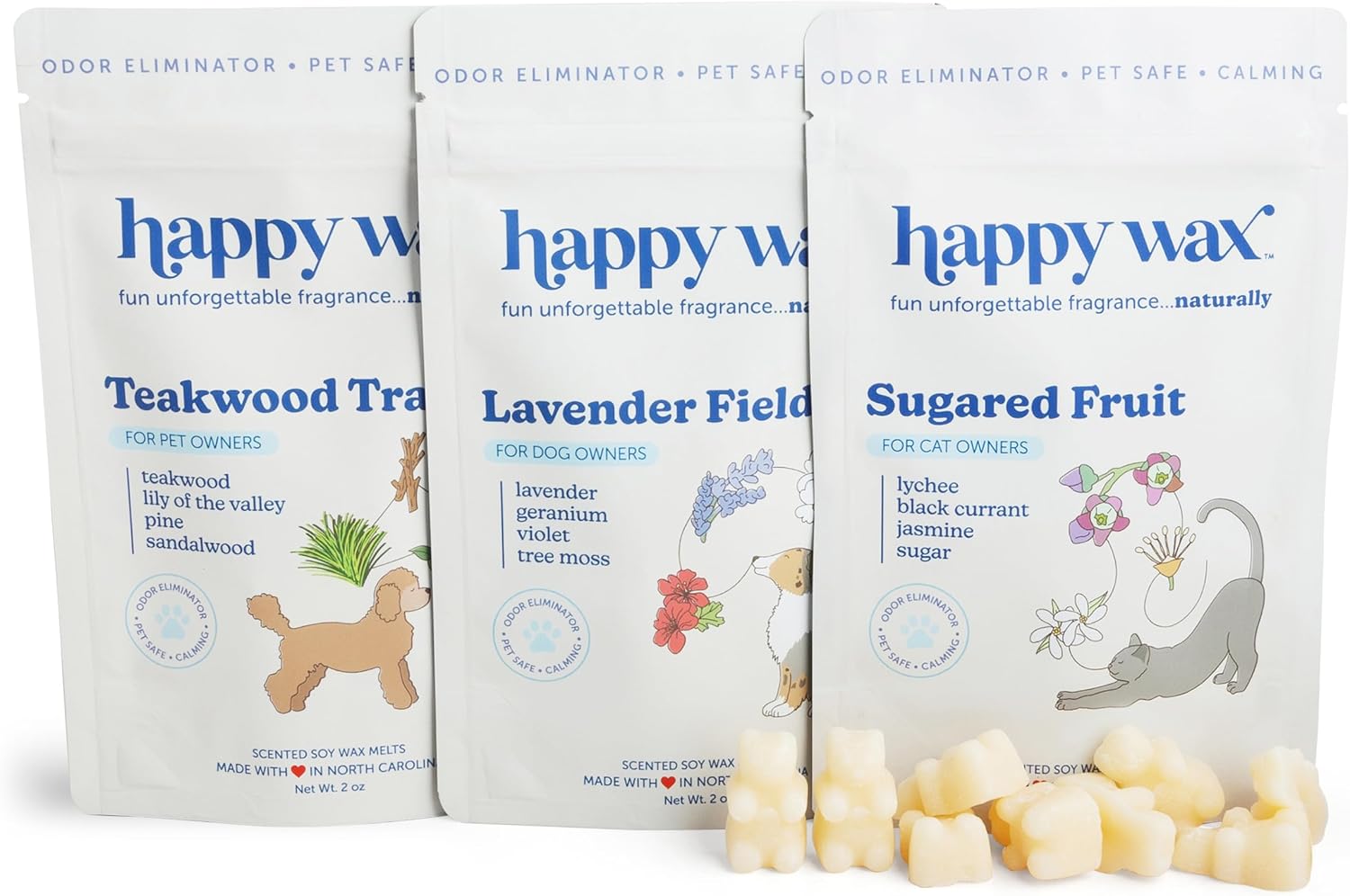 Happy Wax Pet Scents Collection: Pet Safe, Odor Eliminating, Non-Toxic Scented Soy Wax Melts – Total 6oz Variety Pack: Teakwood Trails, Lavender Fields, and Sugared Fruit