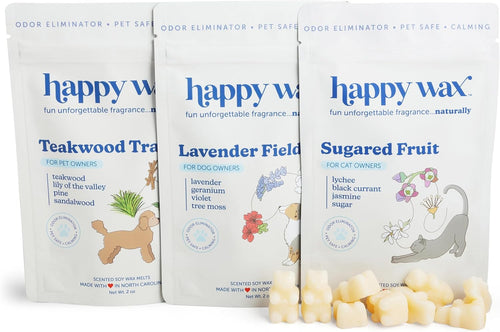 Happy Wax Pet Scents Collection: Pet Safe, Odor Eliminating, Non-Toxic Scented Soy Wax Melts – Total 6oz Variety Pack: Teakwood Trails, Lavender Fields, and Sugared Fruit