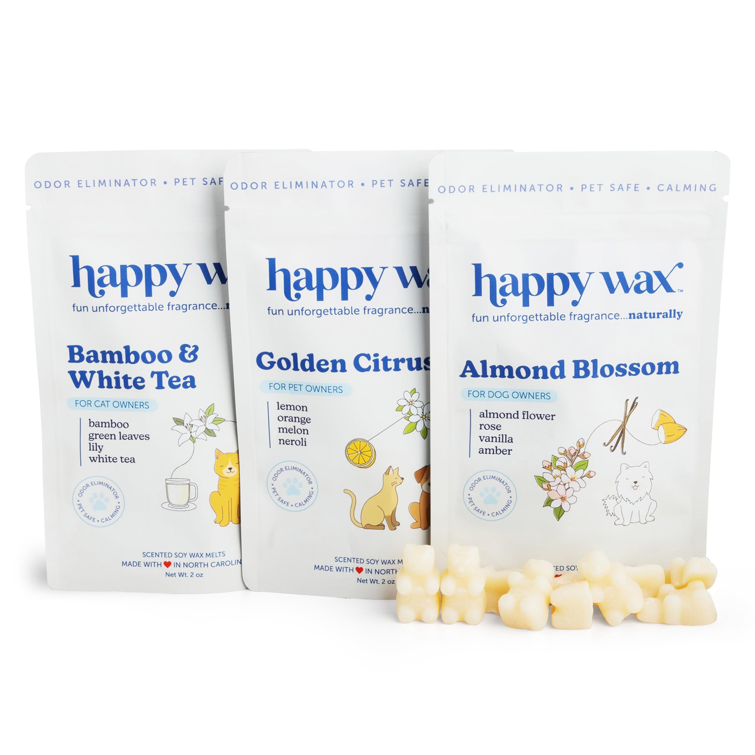Happy Wax Pet Scents Collection: Pet Safe, Odor Eliminating, Non-Toxic Scented Soy Wax Melts – Total 6oz Variety Pack: Teakwood Trails, Lavender Fields, and Sugared Fruit