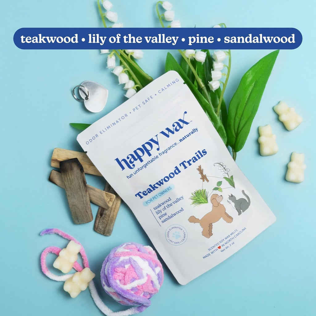 Happy Wax Pet Scents Collection: Pet Safe, Odor Eliminating, Non-Toxic Scented Soy Wax Melts – Total 6oz Variety Pack: Teakwood Trails, Lavender Fields, and Sugared Fruit