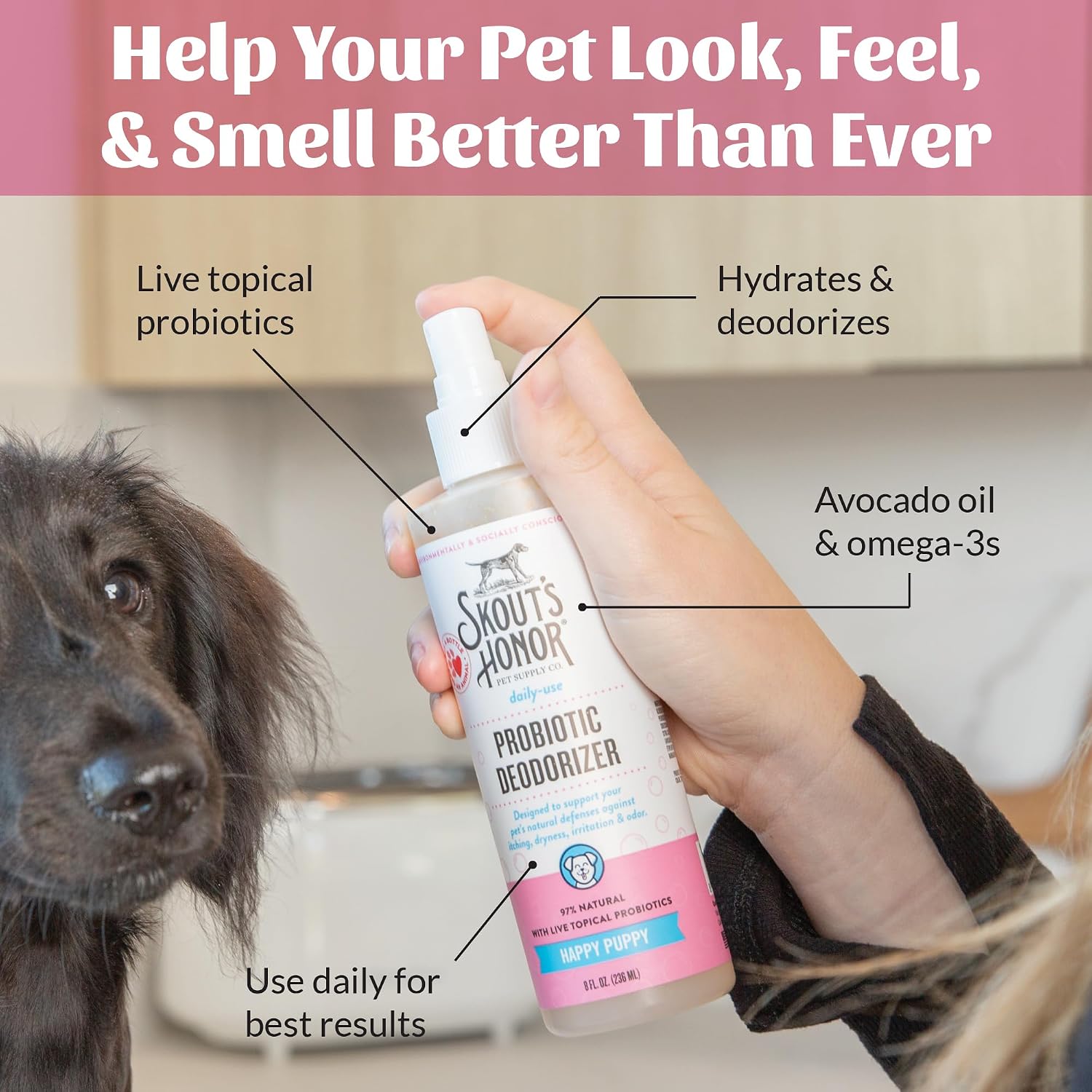 SKOUT'S HONOR Probiotic Puppy Deodorizing Spray - Happy Puppy, 8 oz | Hydrating Daily-Use Formula for Puppies and Dogs, Microbiome-Friendly with Avocado Oil and Omega-3s, 97% Natural