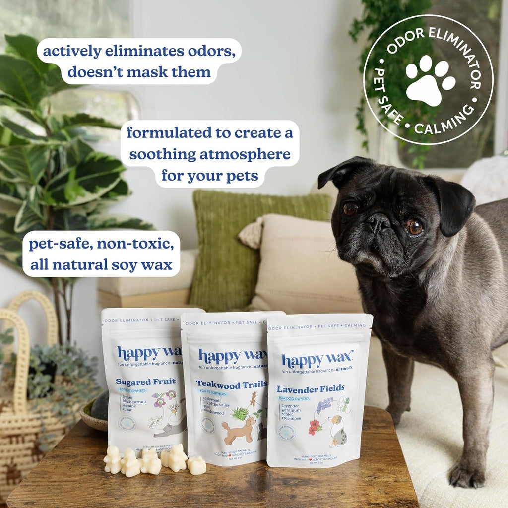 Happy Wax Pet Scents Collection: Pet Safe, Odor Eliminating, Non-Toxic Scented Soy Wax Melts – Total 6oz Variety Pack: Teakwood Trails, Lavender Fields, and Sugared Fruit